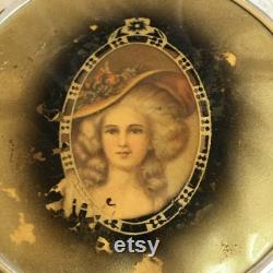 Vintage Hobnail Glass Design Powder Jar with Fancy Lady in Hat in Center of Lid. Silver Edge of Lid. Romantic Picture on Top.