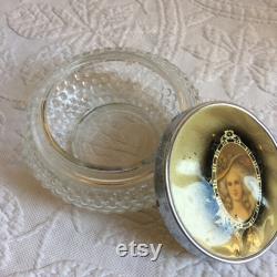 Vintage Hobnail Glass Design Powder Jar with Fancy Lady in Hat in Center of Lid. Silver Edge of Lid. Romantic Picture on Top. Vintage Hobnail Glass Design Powder Jar with Fancy Lady in Hat in Center of Lid. Silver Edge of Lid. Romantic Picture on Top.