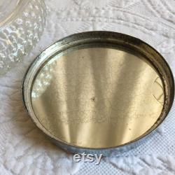 Vintage Hobnail Glass Design Powder Jar with Fancy Lady in Hat in Center of Lid. Silver Edge of Lid. Romantic Picture on Top.