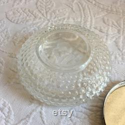 Vintage Hobnail Glass Design Powder Jar with Fancy Lady in Hat in Center of Lid. Silver Edge of Lid. Romantic Picture on Top.