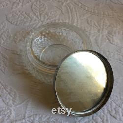 Vintage Hobnail Glass Design Powder Jar with Fancy Lady in Hat in Center of Lid. Silver Edge of Lid. Romantic Picture on Top.