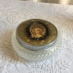 Vintage Hobnail Glass Design Powder Jar with Fancy Lady in Hat in Center of Lid. Silver Edge of Lid. Romantic Picture on Top.