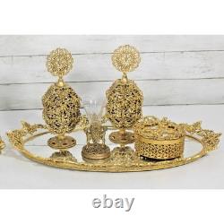 Vintage Hollywood Regency Vanity Dresser Set 6 Pc 24kt Ormolu Filigree MCM