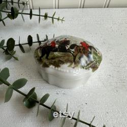 Vintage House of Prill Equestrian Hunt Scene Trinket Box Porcelain Box with Lid Horse and Rider Decor