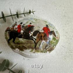 Vintage House of Prill Equestrian Hunt Scene Trinket Box Porcelain Box with Lid Horse and Rider Decor