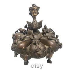 Vintage Indian Hindu Brass Kumkum Powder Box Spice Box Six Compartments Garuda Screw Lock 8cm High