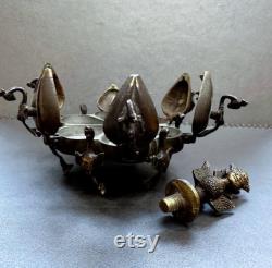 Vintage Indian Hindu Brass Kumkum Powder Box Spice Box Six Compartments Garuda Screw Lock 8cm High