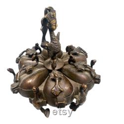 Vintage Indian Hindu Brass Kumkum Powder Box Spice Box Six Compartments Garuda Screw Lock 8cm High
