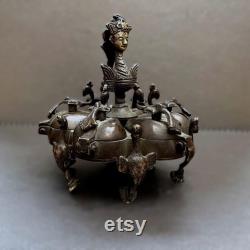 Vintage Indian Hindu Brass Kumkum Powder Box Spice Box Six Compartments Garuda Screw Lock 8cm High