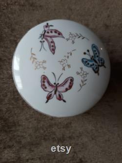 Vintage Irice Porcelain Powder Box with Hinged Lid and Hand painted Butterflies in Pink and Blue. Boudoir Dresser Accessory with paper label
