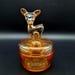 Vintage Iridescent Marigold Fawn Powder Jar with Lid, Jeannette Glass ca. 1920-