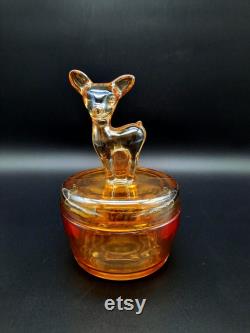 Vintage Iridescent Marigold Fawn Powder Jar with Lid, Jeannette Glass ca. 1920-