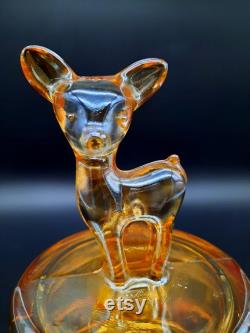 Vintage Iridescent Marigold Fawn Powder Jar with Lid, Jeannette Glass ca. 1920-