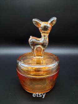 Vintage Iridescent Marigold Fawn Powder Jar with Lid, Jeannette Glass ca. 1920-