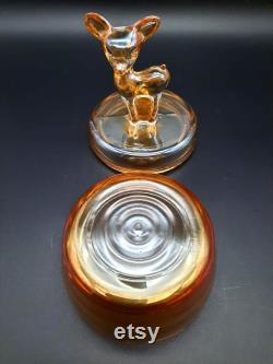 Vintage Iridescent Marigold Fawn Powder Jar with Lid, Jeannette Glass ca. 1920-