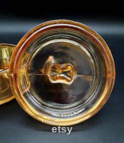 Vintage Iridescent Marigold Fawn Powder Jar with Lid, Jeannette Glass ca. 1920-