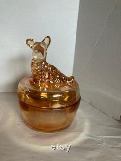Vintage Iridescent Marigold Jeannette Glass Company Scottie Dog Powder Jar with Figural Lid Excellent Condition FREE SHIPPING