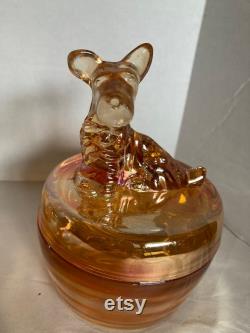 Vintage Iridescent Marigold Jeannette Glass Company Scottie Dog Powder Jar with Figural Lid Excellent Condition FREE SHIPPING