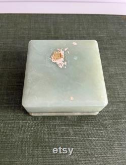 Vintage Italian Mint Alabaster Powder Box Floral Pattern Vanity Jewelry and Makeup Holder, Trinket Box Vintage Ring Box Alabaster Floral