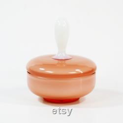 Vintage Italian Murano hand blown art glass jewelry, Powder or trinket Box, Peach overlay white opaline glass