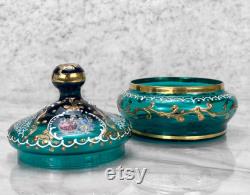 Vintage Italian Turquoise Art Glass Dresser Box Vanity Jar with Lid