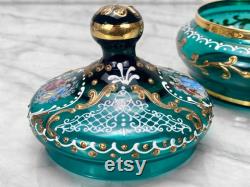 Vintage Italian Turquoise Art Glass Dresser Box Vanity Jar with Lid