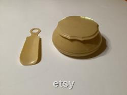 Vintage Ivory Dubarry Pyralin vanity set- lidded powder box and shoe horn