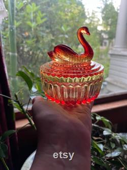 Vintage JEANNETTE GLASS Amberina SWAN Powder Box Jar Lid Lipstick Holder Her Bathroom Vanity Bedroom Dresser Gift Idea Mother's Day Birthday
