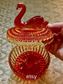 Vintage JEANNETTE GLASS Amberina SWAN Powder Box Jar Lid Lipstick Holder Her Bathroom Vanity Bedroom Dresser Gift Idea Mother's Day Birthday