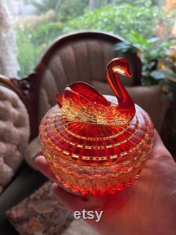 Vintage JEANNETTE GLASS Amberina SWAN Powder Box Jar Lid Lipstick Holder Her Bathroom Vanity Bedroom Dresser Gift Idea Mother's Day Birthday