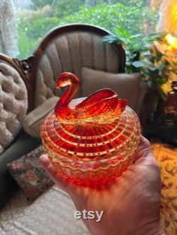 Vintage JEANNETTE GLASS Amberina SWAN Powder Box Jar Lid Lipstick Holder Her Bathroom Vanity Bedroom Dresser Gift Idea Mother's Day Birthday