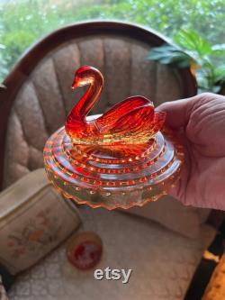 Vintage JEANNETTE GLASS Amberina SWAN Powder Box Jar Lid Lipstick Holder Her Bathroom Vanity Bedroom Dresser Gift Idea Mother's Day Birthday