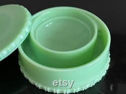 Vintage Jadeite Green Covered Vanity Powder Box Patent 1692.310