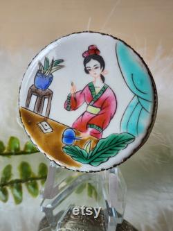 Vintage Japanese Geisha Porcelain Mirrored Compact Vanity Trinket Jar