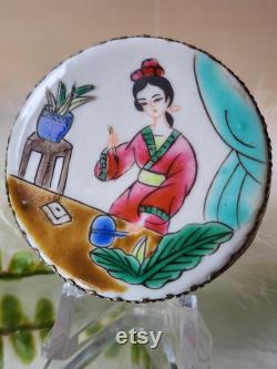 Vintage Japanese Geisha Porcelain Mirrored Compact Vanity Trinket Jar
