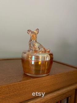 Vintage Jeanette Glass Carnival Marigold Scottish Terrier Powder Dish Powder Jar Candy Dish Trinket Box Powder Box Iridescent Carnival Glass