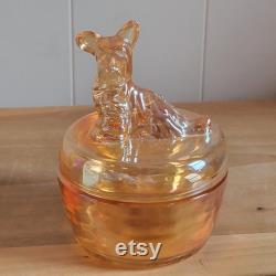 Vintage Jeanette Peach Lusterware Carnival Glass Powder Jar Trinket Box Scottish Terrier Scottie Dog Iridescent Glass As Is