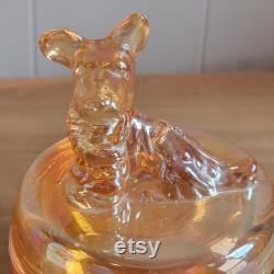 Vintage Jeanette Peach Lusterware Carnival Glass Powder Jar Trinket Box Scottish Terrier Scottie Dog Iridescent Glass As Is