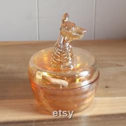 Vintage Jeanette Peach Lusterware Carnival Glass Powder Jar Trinket Box Scottish Terrier Scottie Dog Iridescent Glass As Is