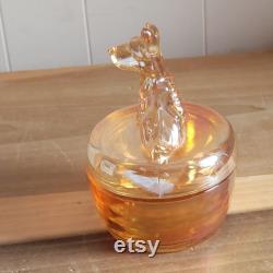 Vintage Jeanette Peach Lusterware Carnival Glass Powder Jar Trinket Box Scottish Terrier Scottie Dog Iridescent Glass As Is