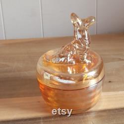 Vintage Jeanette Peach Lusterware Carnival Glass Powder Jar Trinket Box Scottish Terrier Scottie Dog Iridescent Glass As Is
