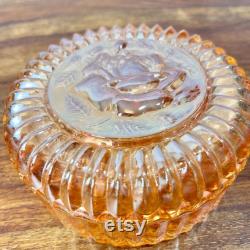 Vintage Jeanette marigold carnival glass rose floral powder trinket box, collectible glass, gifts for her
