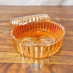 Vintage Jeanette marigold carnival glass rose floral powder trinket box, collectible glass, gifts for her