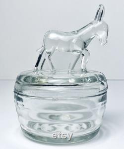 Vintage Jeannette Clear Glass Democrat Donkey Powder Jar Trinket Box