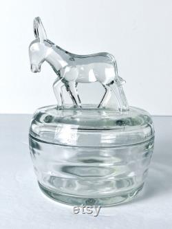 Vintage Jeannette Clear Glass Democrat Donkey Powder Jar Trinket Box