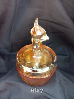 Vintage Jeannette Glass 2pc Lidded Deer Fawn Marigold Powder Trinket Box