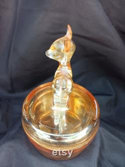 Vintage Jeannette Glass 2pc Lidded Deer Fawn Marigold Powder Trinket Box