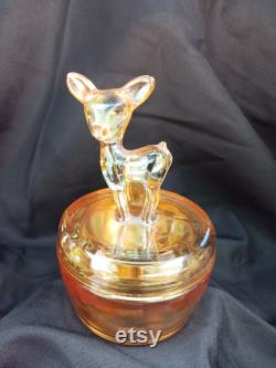 Vintage Jeannette Glass 2pc Lidded Deer Fawn Marigold Powder Trinket Box