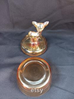Vintage Jeannette Glass 2pc Lidded Deer Fawn Marigold Powder Trinket Box