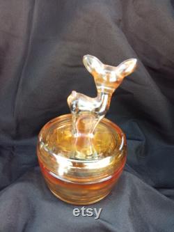 Vintage Jeannette Glass 2pc Lidded Deer Fawn Marigold Powder Trinket Box
